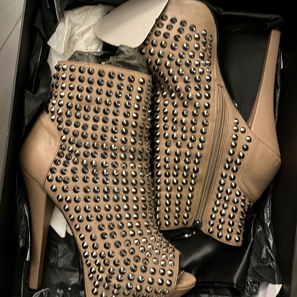 Studded platform peep-toe ankle boot